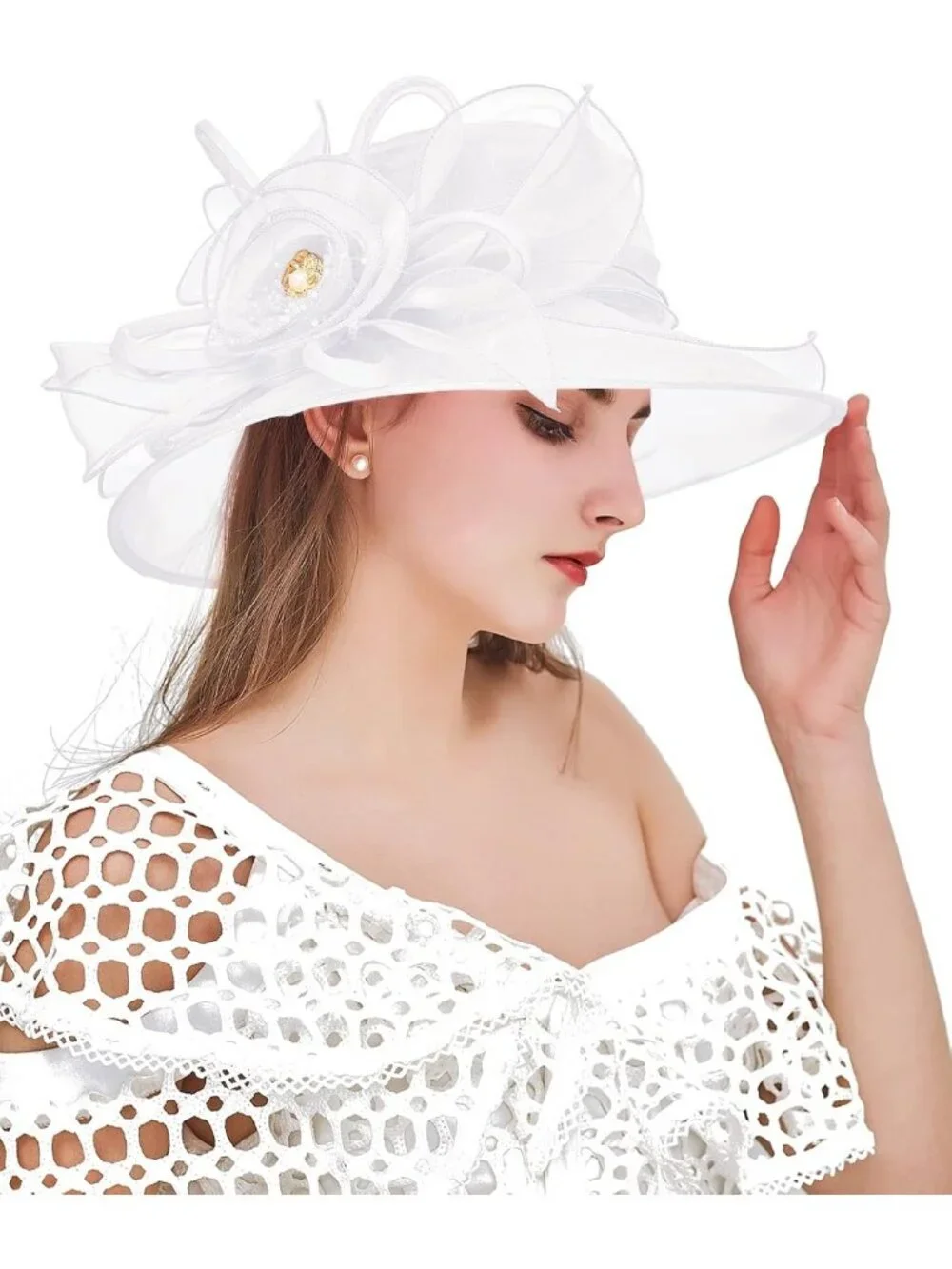 Elegant Organza Wedding Fascinator Tea Party Derby Hat - Flower Wide Brim Sun